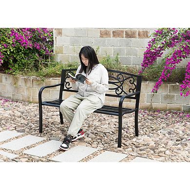 Steel Outdoor Patio Garden Park Seating Bench with Cast Iron Scrollwork Backrest