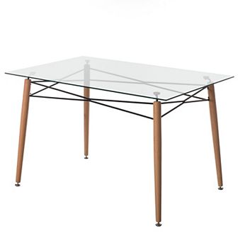 Rectangle Clear Glass Top Accent Dining Table With 4 Beech Metal Frame Solid Wood Legs
