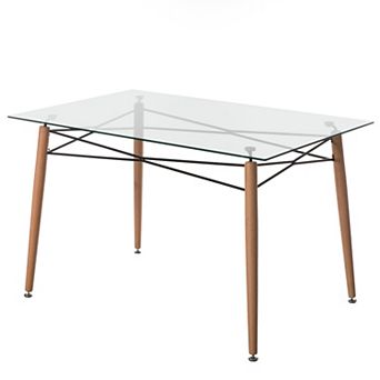 Rectangle Clear Glass Top Accent Dining Table With 4 Beech Metal Frame Solid Wood Legs