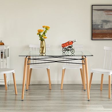 Rectangle Clear Glass Top Accent Dining Table With 4 Beech Metal Frame Solid Wood Legs