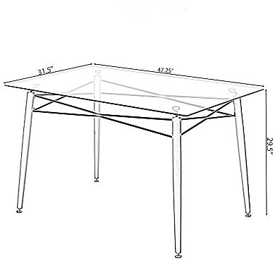 Rectangle Clear Glass Top Accent Dining Table With 4 Beech Metal Frame Solid Wood Legs