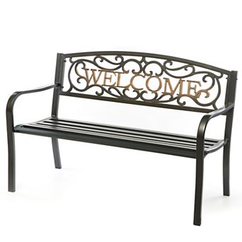 Steel Outdoor Patio Garden Park Seating Bench with Cast Iron Backrest