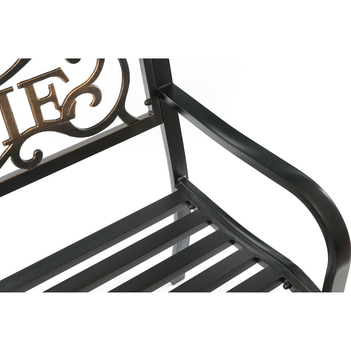Close-up of black cast iron-style backrest scroll detail on patio bench