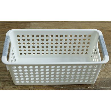 White Rectangular Plastic Shelf Organizer Basket With Handles Set Of 3