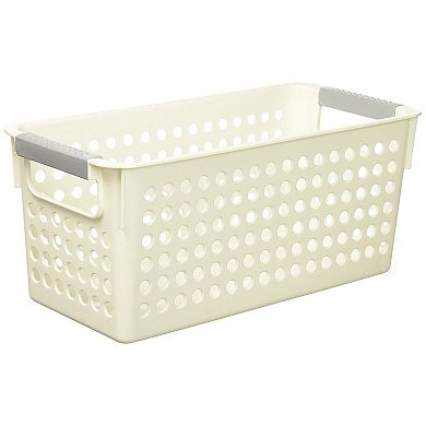 White Rectangular Plastic Shelf Organizer Basket With Handles Set Of 3