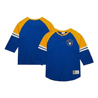 Men's Mitchell & Ness Royal Milwaukee Brewers Cooperstown Collection Legendary Raglan Slub Henley 3/4-Sleeve T-Shirt