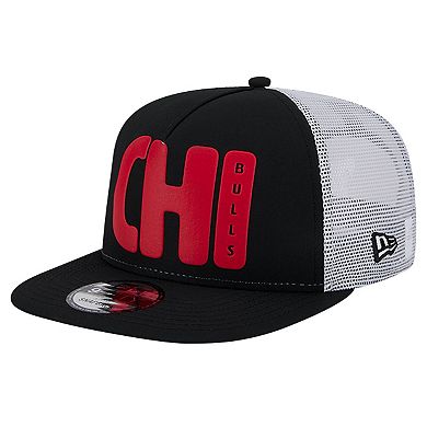 Men's New Era Black Chicago Bulls Puff Print Team Code A-Frame 9FIFTY Trucker Snapback Hat