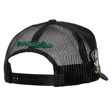 Men's Mitchell & Ness Black Anaheim Ducks Script Side Patch Trucker Adjustable Hat