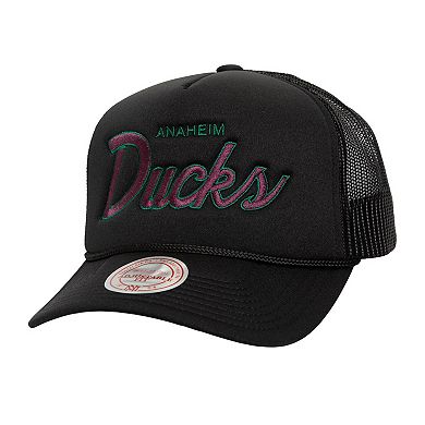 Men's Mitchell & Ness Black Anaheim Ducks Script Side Patch Trucker Adjustable Hat