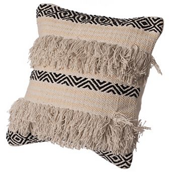 Handwoven Cotton Throw Pillow Cover with Boho Design and Fringed Lines with Filler