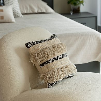 Handwoven Cotton Throw Pillow Cover with Boho Design and Fringed Lines with Filler