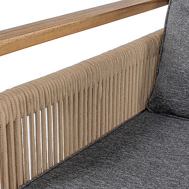 Gable 3-seat Mid-century Modern Roped Acacia Wood Outdoor Sofa With Cushions