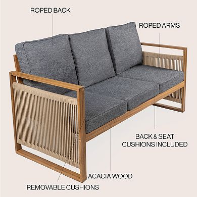 Gable 3-seat Mid-century Modern Roped Acacia Wood Outdoor Sofa With Cushions