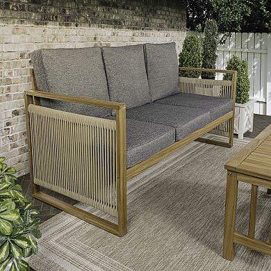 Gable 3-seat Mid-century Modern Roped Acacia Wood Outdoor Sofa With Cushions