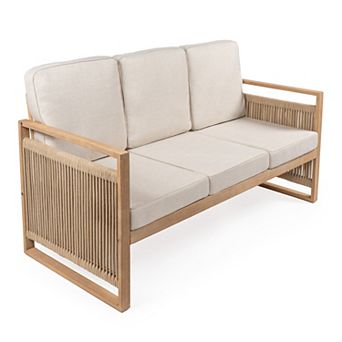Gable 3-seat Mid-century Modern Roped Acacia Wood Outdoor Sofa With Cushions