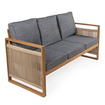 Gable 3-seat Mid-century Modern Roped Acacia Wood Outdoor Sofa With Cushions