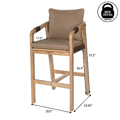 Coastal Tub Roped Acacia Wood Outdoor Bar Stool with Cushions and Armrests, (Set of 2)