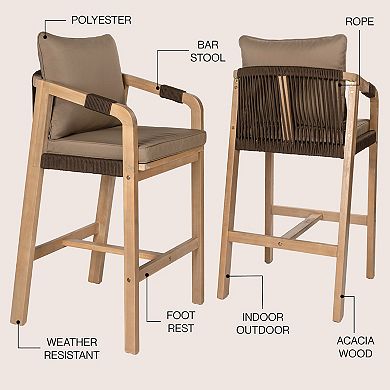 Coastal Tub Roped Acacia Wood Outdoor Bar Stool with Cushions and Armrests, (Set of 2)
