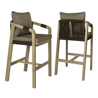 Coastal Tub Roped Acacia Wood Outdoor Bar Stool with Cushions and Armrests, (Set of 2)