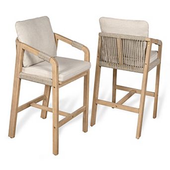 Coastal Tub Roped Acacia Wood Outdoor Bar Stool with Cushions and Armrests, (Set of 2)