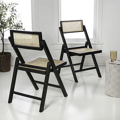 Saihi Mid-Century Teak Wood and Rattan Armless Folding Chairs, Set