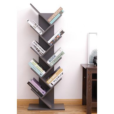 Wooden 9-shelf Tree Magazine Cd Storage Bookcase