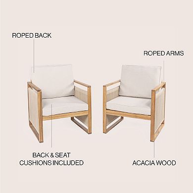 Gable Mid-century Modern Roped Acacia Wood Outdoor Patio Chair With Cushions (set Of 2)