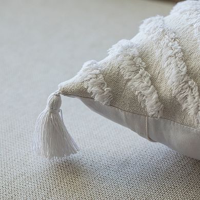 Handwoven Cotton Throw Pillow Cover with White Ikat Pattern and Tassel Corners