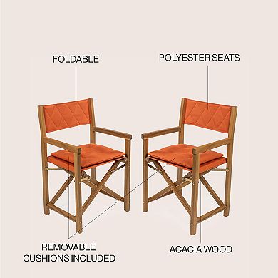 Kaika Coastal Foldable Acacia Wood Outdoor Director Chairs with Diamond-Quilted Cushions,