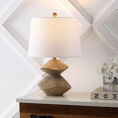 Laken 21.5" Minimalist Coastal Resin/iron 2-stack Cairn Led Table Lamp, Brown Wood Finish