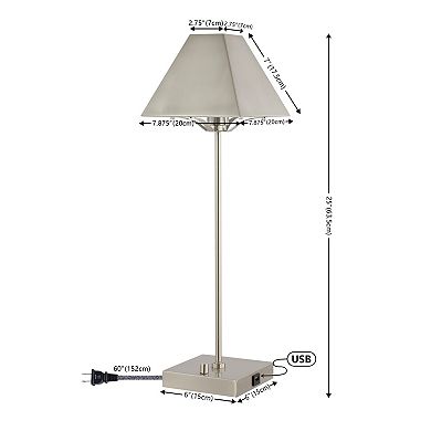 Ruthen 25" Industrial Style Iron Pyramid Bedside Led Table Lamp With Usb Charging Port, Nickel