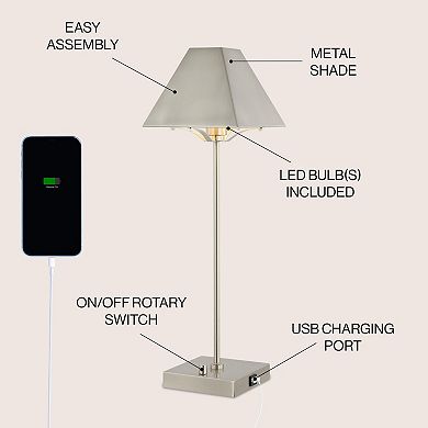 Ruthen 25" Industrial Style Iron Pyramid Bedside Led Table Lamp With Usb Charging Port, Nickel