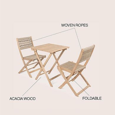 Javea Modern Coastal 3-piece Acacia Wood Outdoor Folding Bistro Set