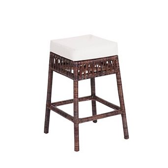 Bali 25.5" Bohemian Basics Rattan Backless Counter Stool, White Cushion With Dark Brown Woven Frame