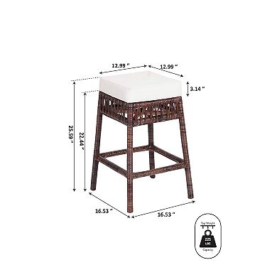 Bali 25.5" Bohemian Basics Rattan Backless Counter Stool, White Cushion With Dark Brown Woven Frame