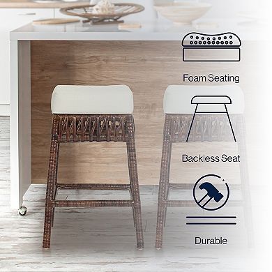 Bali 25.5" Bohemian Basics Rattan Backless Counter Stool, White Cushion With Dark Brown Woven Frame