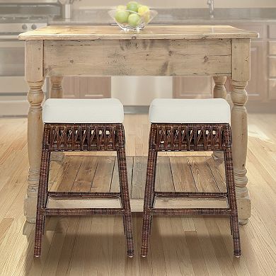 Bali 25.5" Bohemian Basics Rattan Backless Counter Stool, White Cushion With Dark Brown Woven Frame
