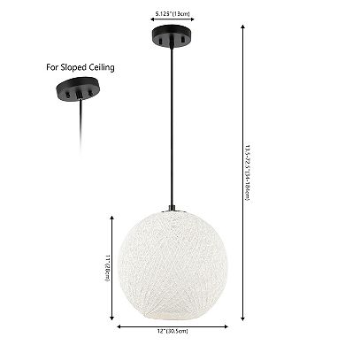 Lacey 12" 1-light Bohemian Minimalist Iron/rope Woven Globe Led Pendant, White/black