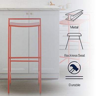 Svelte 30" Coastal Contemporary Iron Saddle-seat Low-back Bar Stool With Foot Rest, Pink Frame