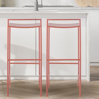 Svelte 30" Coastal Contemporary Iron Saddle-seat Low-back Bar Stool With Foot Rest, Pink Frame