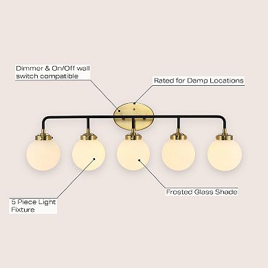 Caleb 38" 5-light Contemporary Transitional Iron/glass Led Vanity Light, Brass Gold/black/white