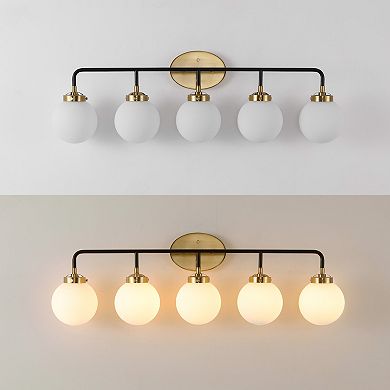 Caleb 38" 5-light Contemporary Transitional Iron/glass Led Vanity Light, Brass Gold/black/white