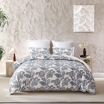 Soft 100% Cotton Jacquard Duvet Cover Set, Cozy Textured Floral Bedding