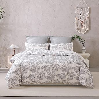 Soft 100% Cotton Jacquard Duvet Cover Set, Cozy Textured Floral Bedding