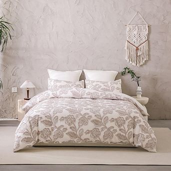 Soft 100% Cotton Jacquard Duvet Cover Set, Cozy Textured Floral Bedding