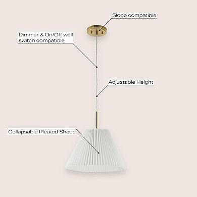 Alden 14.25" 1-light Classic French Country Iron Led Pendant With Pleated Shade, Brass Gold/white