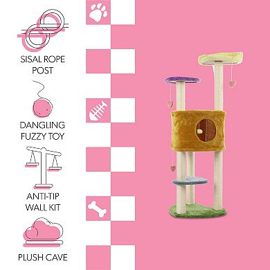 Aisling 51" 4-tier Modern Sisal Heart Cat Tree, Scratching Posts, Napping Perch, And Dangling Toys