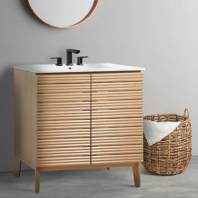 36w X 18d X 33h Thin Linear Slat 2-shelf Bath Vanity Cabinet Only (sink Basin Not Included)