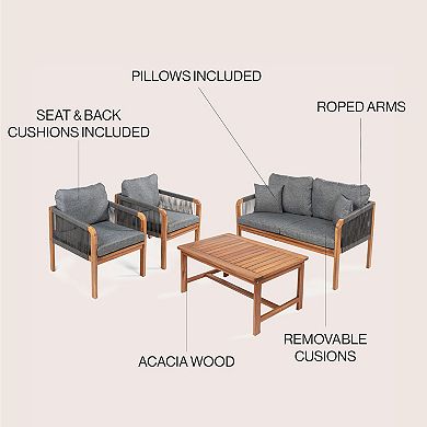 Tavira 4-piece Modern Bohemian Acacia Wood Outdoor Patio Set With Cushions
