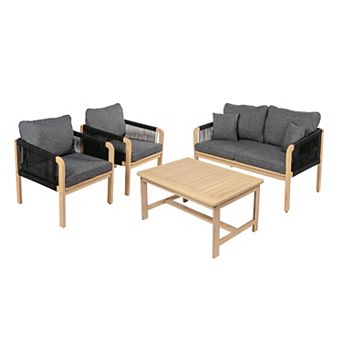 Tavira 4 pc Modern Bohemian Acacia Wood Outdoor Patio Set With Cushions